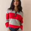 Grey and Red Striped Knit Polo Top