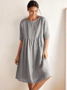 100% Linen A-Line Midi Dress VALENCIA - Neutral Grey / XXXL