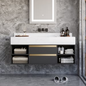 39.4" Floating Bathroom Vanity Set Cultured Marble Black with Ceramic Sink & 2 Drawers