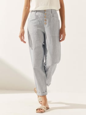 Linen Simple Button Fly Trousers HEIDI - Denim Pinstripe / XXXL