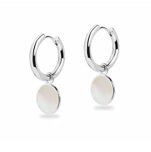 Midi Chunky Hoop and Mother of Pearl Circle Charm Silver Earring Set