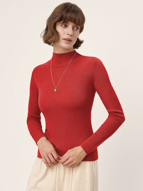 100% Extra-Fine Merino Wool Mock Neck Knit Sweater TIA - Crimson / L