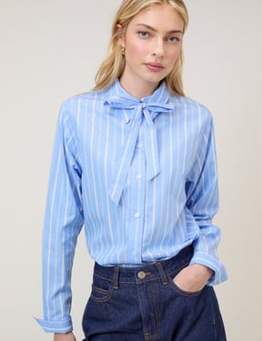 Blue Pinstripe Bow Collar Shirt