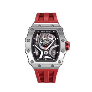 TSAR BOMBA Elemental Series Silver Red Luxury Men's Automatic Watch 閳ワ拷Skeleton Mechanical Dial, Stainless Steel Bezel, Sapphire Crystal, Stainless Steel Case, Fluoroelastomer Strap, 50M Water-Resistant, A+ Lume
