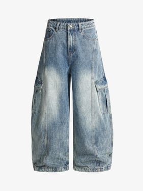 Vintage Cargo Pocket Washed Barrel Jeans - Blue / 2XL