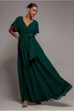 Goddiva Sustainable Chiffon Flutter Sleeve Wrap Maxi Dress - Green