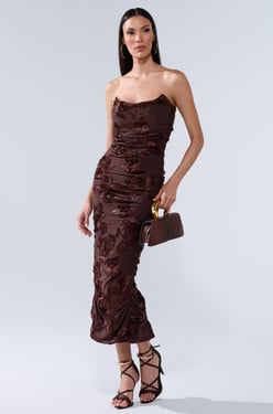 AKIRA Baby Please Textured Mesh Midi Dress | Brown | Size 1X