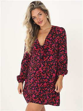 Brave Soul Knot Front Floral Print Mini Dress - Black / Red - XL
