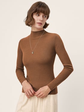 100% Extra-Fine Merino Wool Mock Neck Knit Sweater TIA - Walnut / L