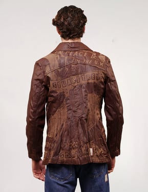 Peace' Laser Printed Brown Leather Jacket