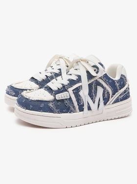 Street Distressed Denim Patchwork Sneakers - Blue / 36