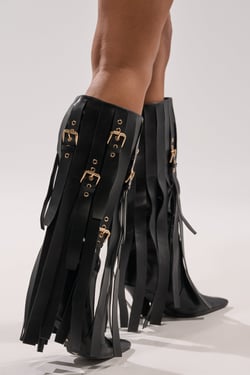 AKIRA Azalea Wang Xanthe Belt Embellished Stiletto Boot | Black | Size 11