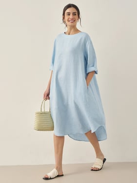 100% Linen Bateau Neck Midi Dress BROOKE - Baby Blue / XXL