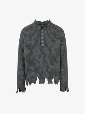 Knitted Distressed Diamond Pattern Raw Edge Sweater - Dark Gray / XL