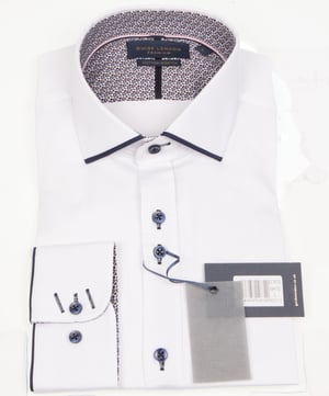 Long Sleeve Panelled Collar End On End White/Navy Shirt