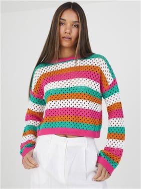 Brave Soul Stripe Crochet Knit Jumper - Green / Pink / White And Orange - XS