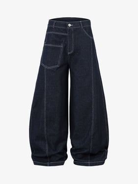 Deconstructed Contrast Stitching Barrel Jeans - 2326 - Navy Blue / 2XL
