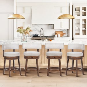 COLAMY RENO Wooden Upholstered Swiveling Vintage Dining Chair - Beige / Set of 4