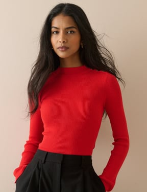 Red Ribbed Button Detail Top