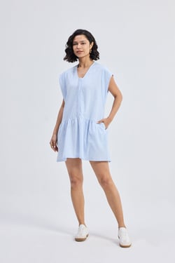 Oversized V neck Short Dress with Frayed Sleeves - Linear Rhythm / 3XL
