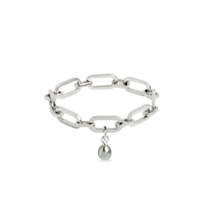 Link Chain Bracelet and Tahitian Pearl Charm Silver Set