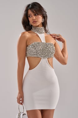 AKIRA Rich Af Rhinestone Cutout Mini Dress | Size XL