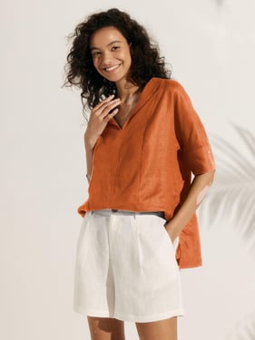 Linen V Neck Short Sleeve Shirt PENNY - Sun Orange / XXL