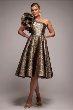 Goddiva One Shoulder Frill Jacquard Skater Midi Dress - Bronze Gold