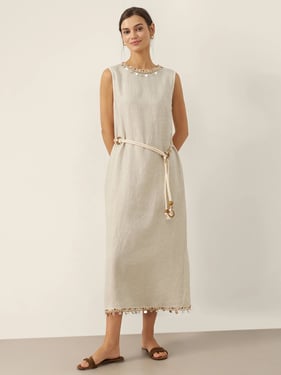 100% Linen Beaded Crew Neck Maxi Dress with Belt BELLA - Natural Linen / XXL