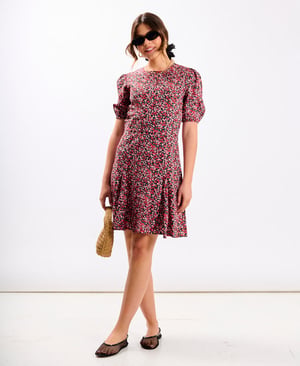 Red Floral Puff Sleeve Mini Dress - 18
