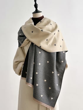 Double-Sided Heart-Jacquard Fringed Scarf - Grey Heart / One Size