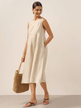 100% Linen Sleeveless Shoulder Button Midi Dress FREYA - Khaki / XXL