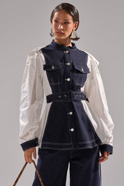 AKIRA Diana Denim And Poplin Button Down Top | Size XL