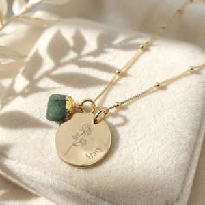 18ct Gold Vermeil Plated Birth Flower, Birthstone And Name Necklace - December (Holly Berry/ Turquoise) / Fine beaded chain