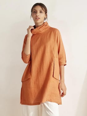 100% Linen Cowl Neck Oversized Tunic ELEANOR - Sun Orange / XXL