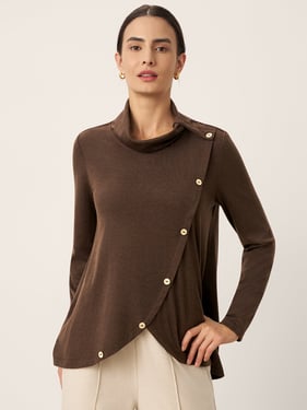 Wool Asymmetric Hem Long Sleeve Top CHARITY - Coffee / XXL