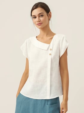 100% Linen Crescent Collar Flutter Sleeve Top FARA - Optic White / XXL