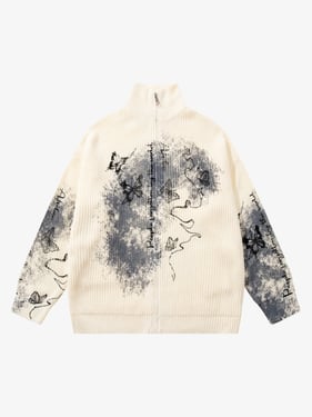 Ink-Splashed Butterfly Jacquard Zip Knit Sweater - Apricot / XL
