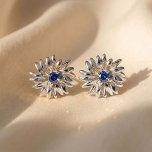 Sapphire September Birthstone Aster Birthflower Sterling Silver Stud Earrings