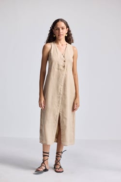 Straight Dress with Front Slit in Neutral Beige Hemp - Neutral Beige / L