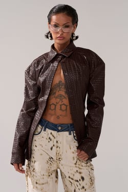 AKIRA Feeling Rich Faux Leather Button Down Top | Brown | Size XL
