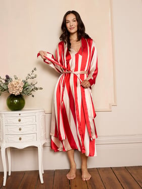 Womens Satin Grandpa Dressing Gown Robe Red Stripe - 3XL / 22-24 / Red