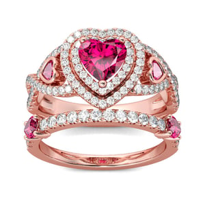 Jeulia Rose Gold Tone Heart Cut Sterling Silver Ring Set