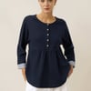 Organic Cotton Patchwork Cuff Button Decor Top AUDREY - Navy Blue / M