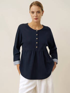 Organic Cotton Patchwork Cuff Button Decor Top AUDREY - Navy Blue / XXL
