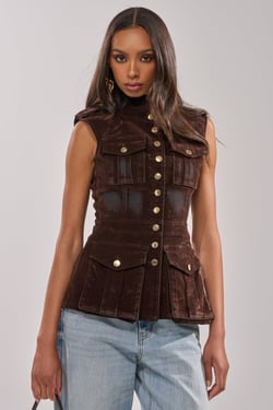 AKIRA Back With It Velvet Button Down Top | Brown | Size 1X