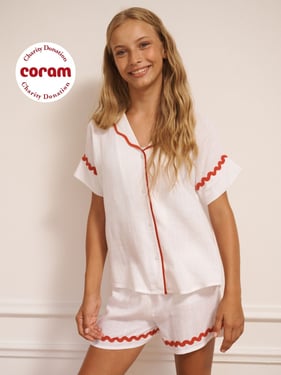 Tween White with Red Contrast Trim Linen Blend Oversize Shorts Pyjama Set - 13Y / White