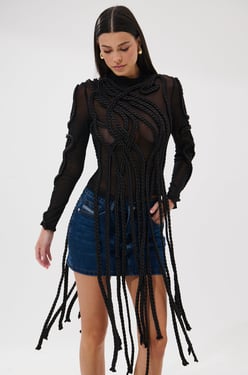 AKIRA Rope You In Long Sleeve Mesh Top | Black | Size XL