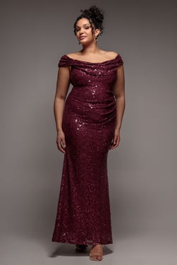 Goddiva Plus Cap Sleeve Iridescent Sequin Cowl Maxi Dress - Burgundy Red