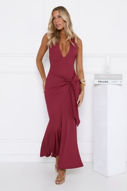 Sultry Halter V-Neck Knot Detail Maxi Burgundy